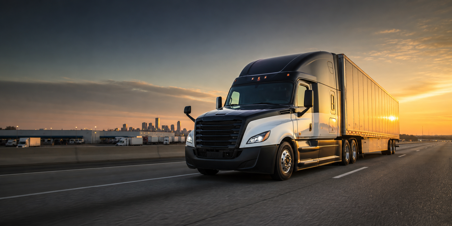 Modern semi truck operating on an interstate at sunrise