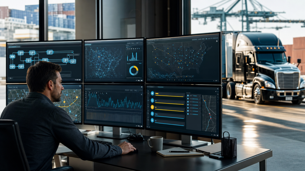 AI agents in truck dispatch coordinating workflow data with a professional dispatcher and semi truck
