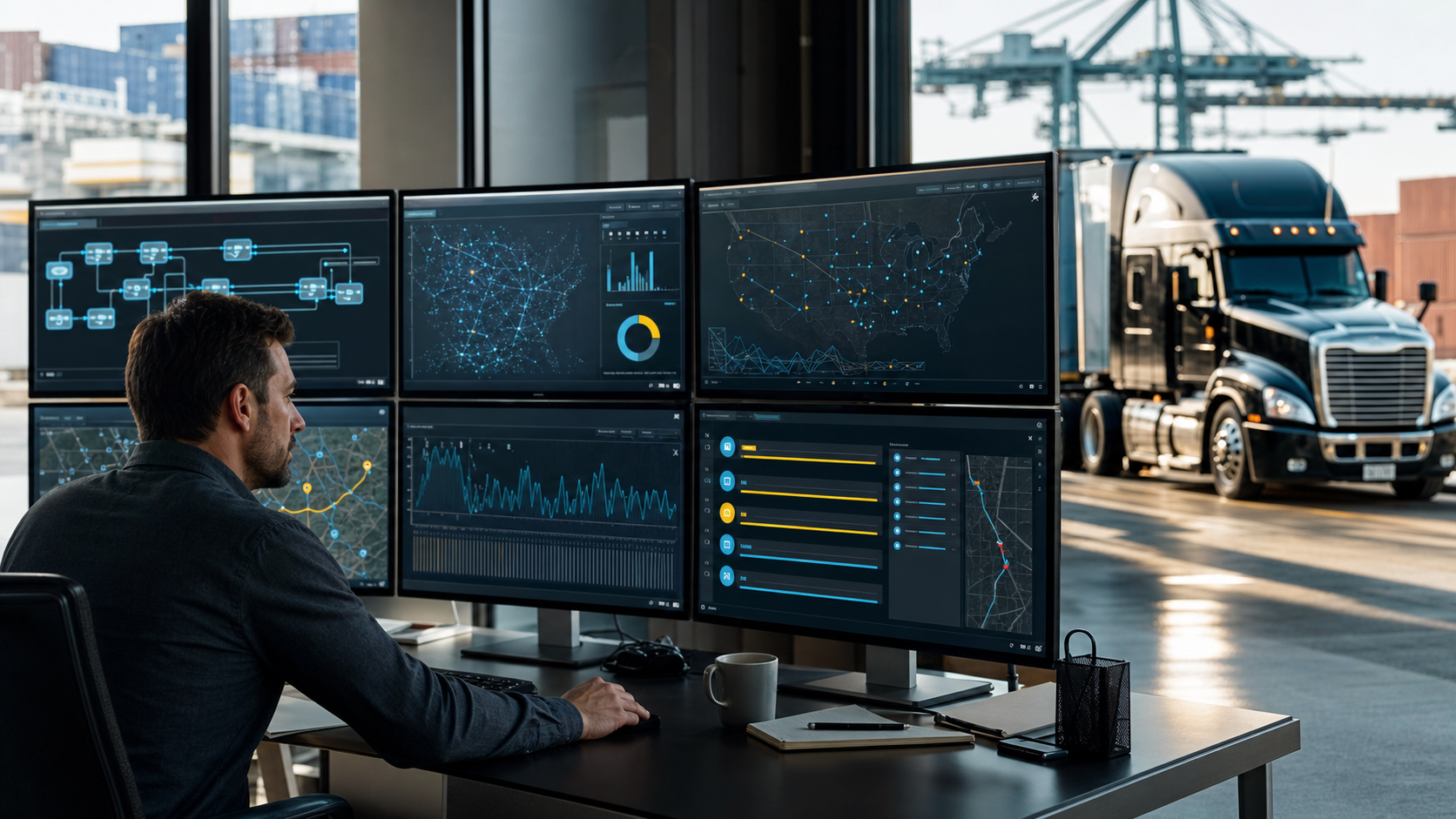 AI agents in truck dispatch coordinating workflow data with a professional dispatcher and semi truck