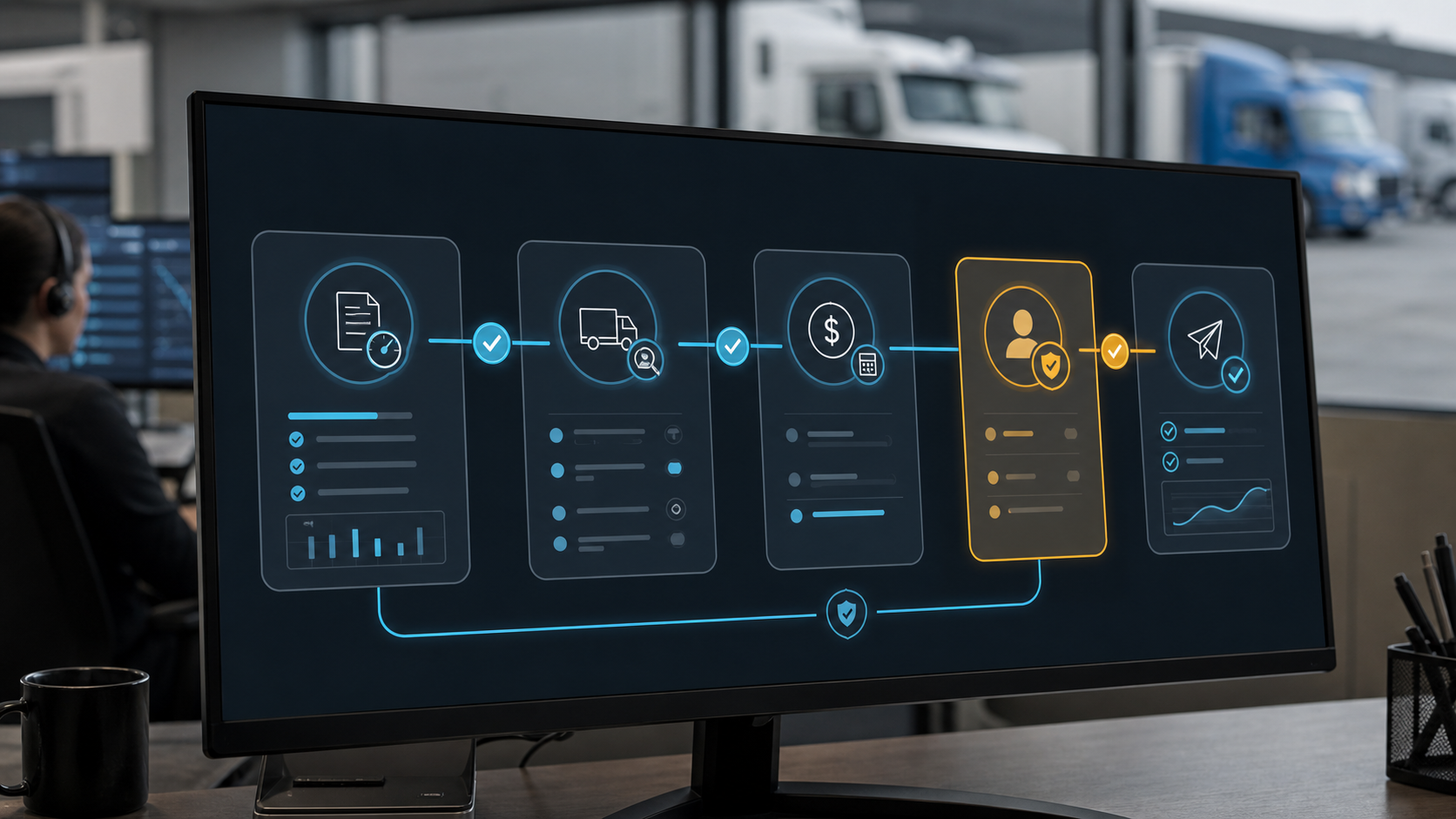 AI driver assignment workflow showing load evaluation, driver match, rate confirmation, human approval, and driver offer steps