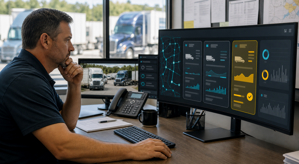 AI truck dispatch - truck dispatcher comparing freight load options with ai-assisted analysis