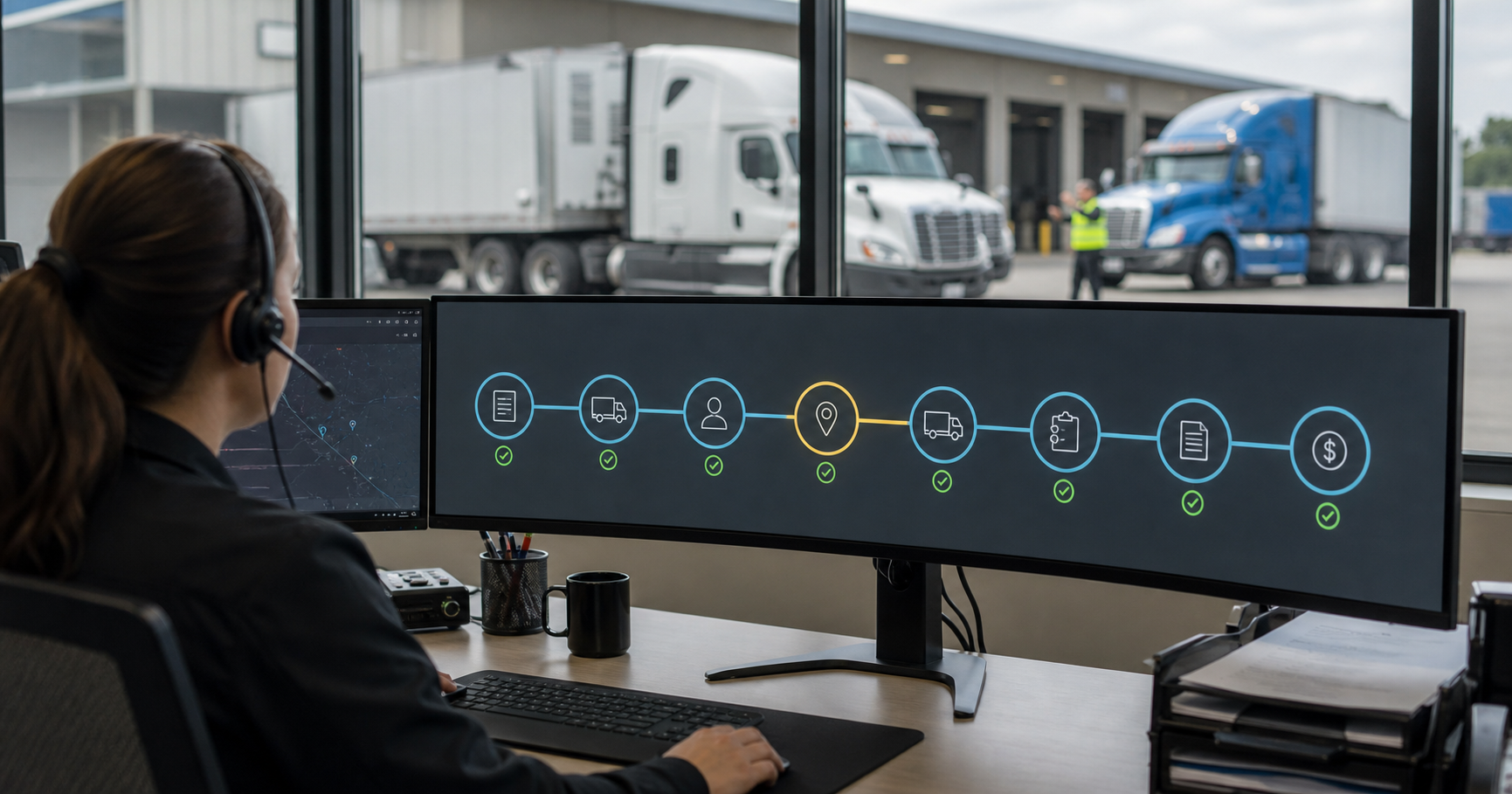 AI load evaluation dashboard showing seven dispatch checks for rate, deadhead, lane fit, timing, driver fit, broker risk, and profit score