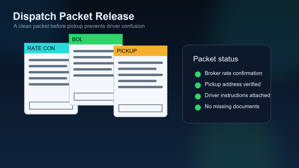 Dispatcher checking a dispatch packet release workflow on a dark trucking operations dashboard