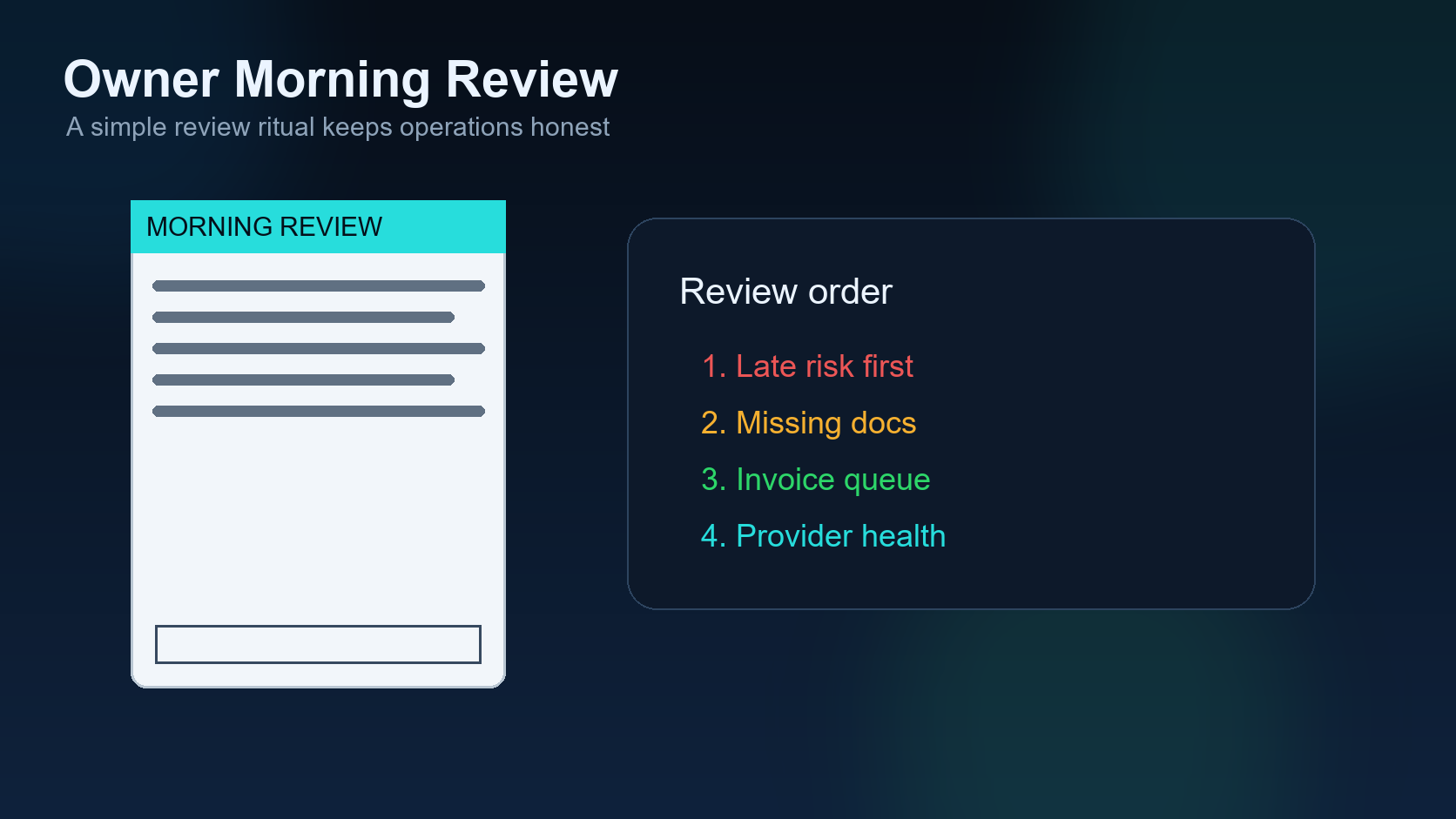 Owner morning review workflow for dispatch operations
