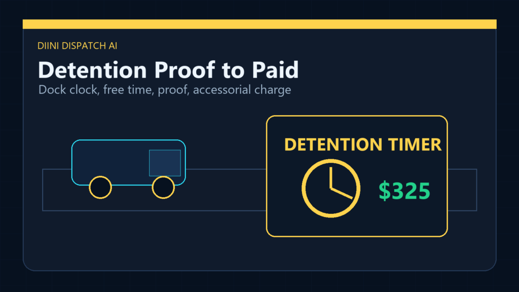 Detention proof dashboard with dock clock, truck, timer, and accessorial charge